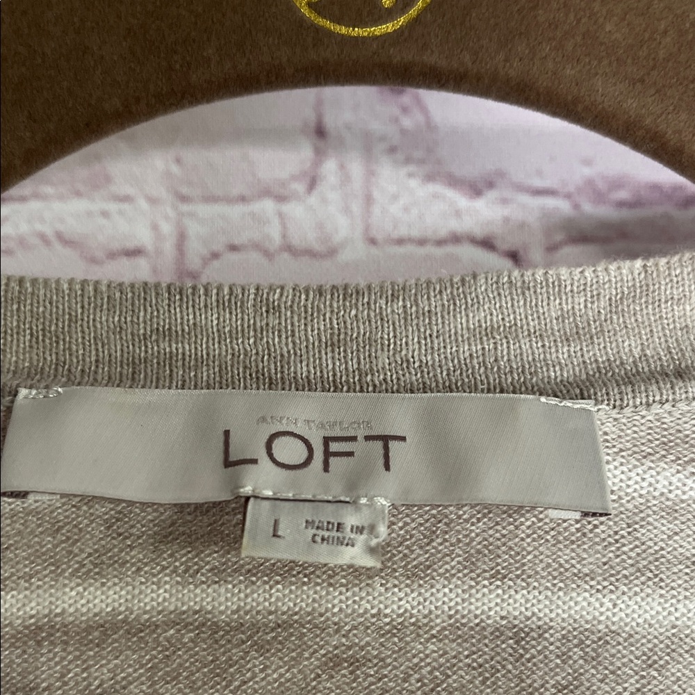 LOFT Tan and white Striped Lightweight Cardigan Sweater Woman’s‎ Size Large - Picture 2 of 3